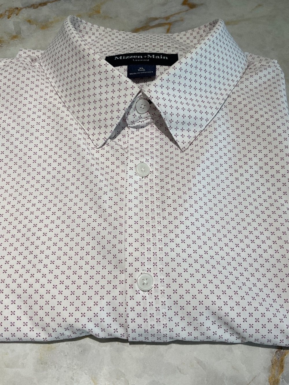 Mizzen+Main Men’s White & Purple small Patterned Dress Shirt – XL
